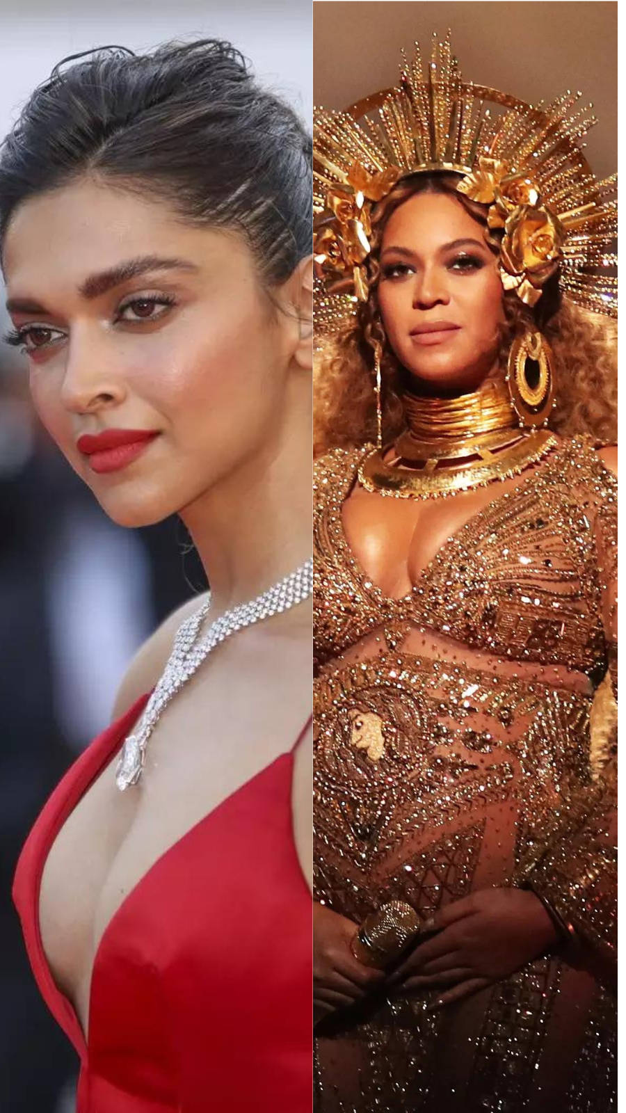 科學選出的最美女性：迪皮卡·帕度柯妮與碧昂絲 壁紙 — 兩位魅力女性的分割肖像，一位身穿紅色連衣裙配鑽石項鍊，另一位身穿金色亮片服飾配閃耀皇冠。