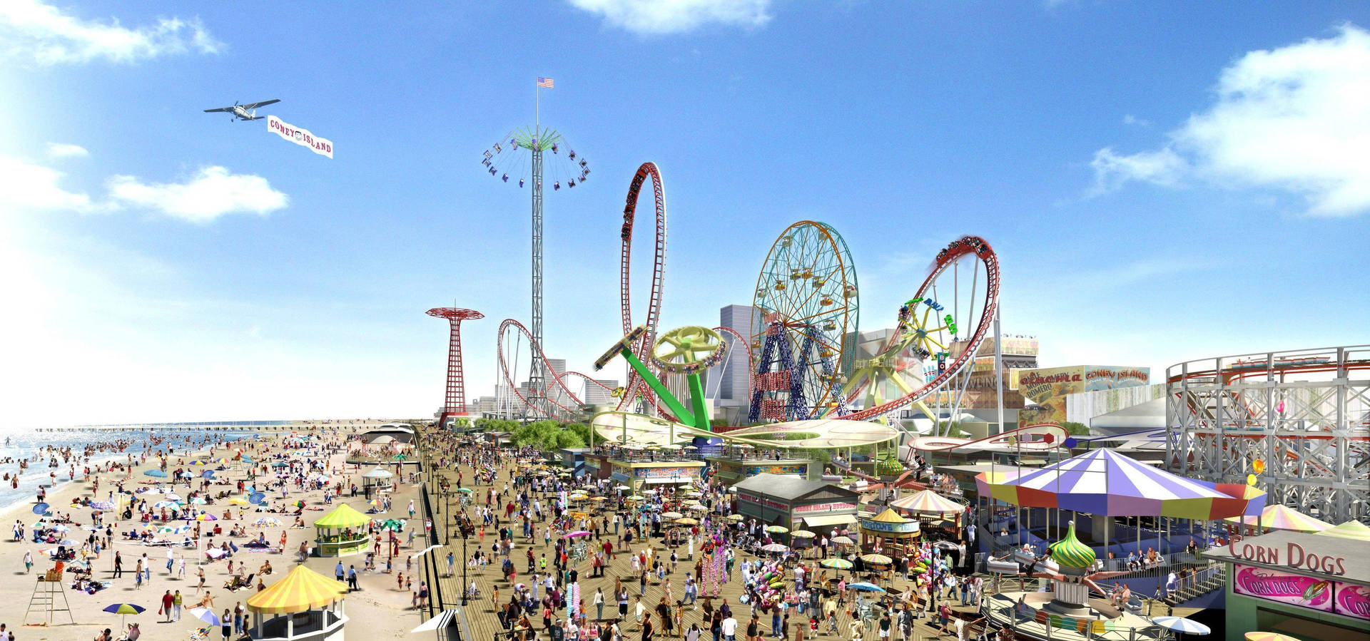 擁擠的海濱遊樂園，有過山車和飛揚的橫幅。