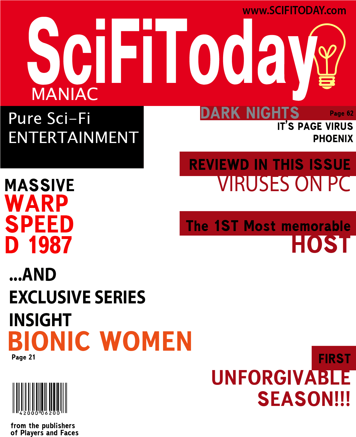 科幻今日雜誌封面 壁紙 — SciFiToday Maniac 的醒目紅黑雜誌封面，包含 'Warp Speed D 1987' 和 'Bionic Women' 等文字亮點。