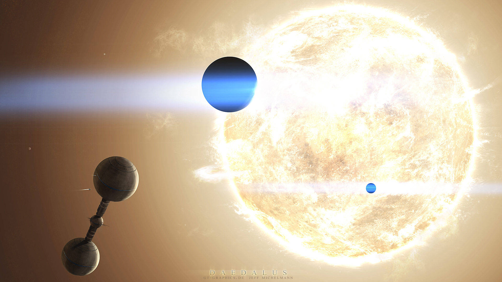 未來風格的太空船靠近一顆明亮的恆星，兩顆藍色行星在軌道上。