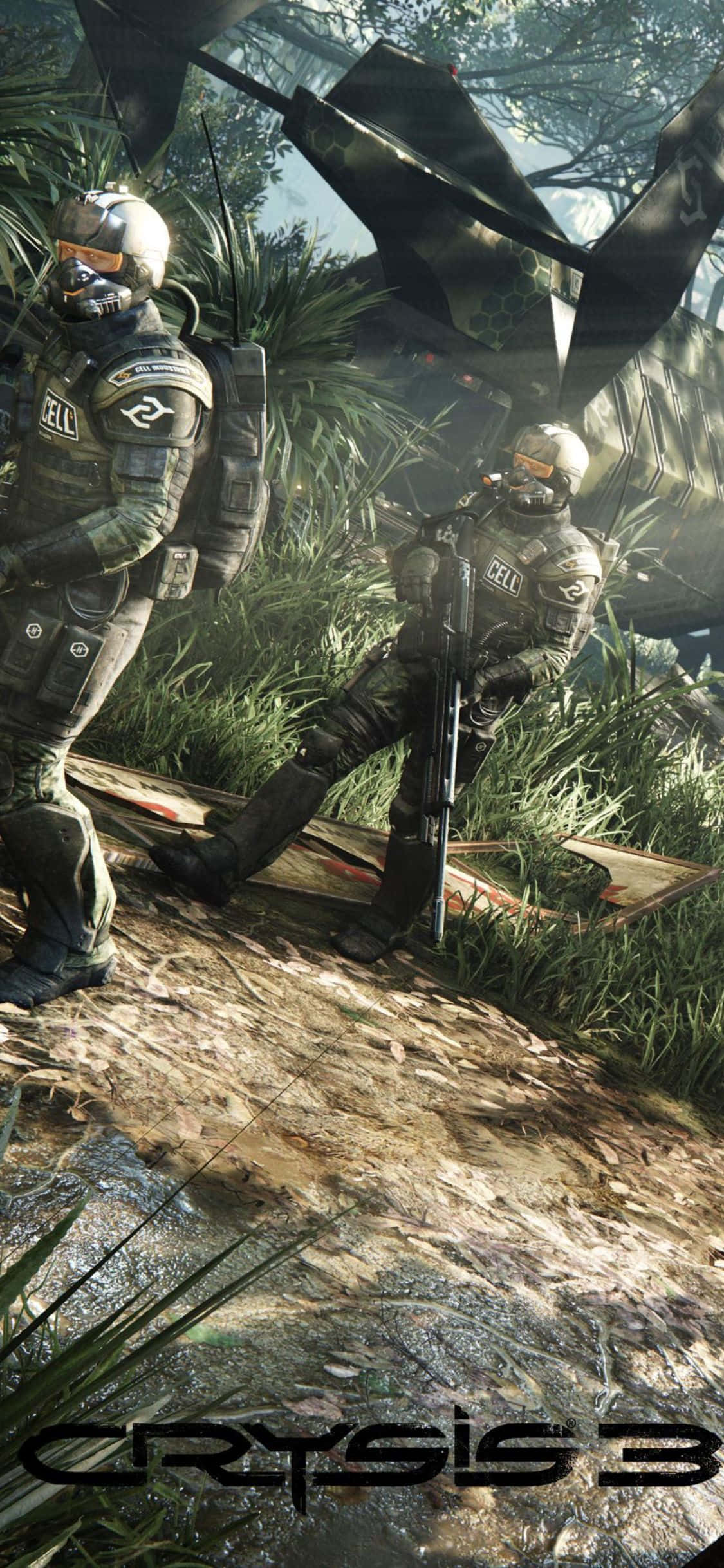 科幻奇幻冒險——Crysis 3 for iPhone X 壁紙 — 兩名身穿戰術裝備的士兵在茂密的叢林中保持警覺，頭頂有一架被擊落的直升機。