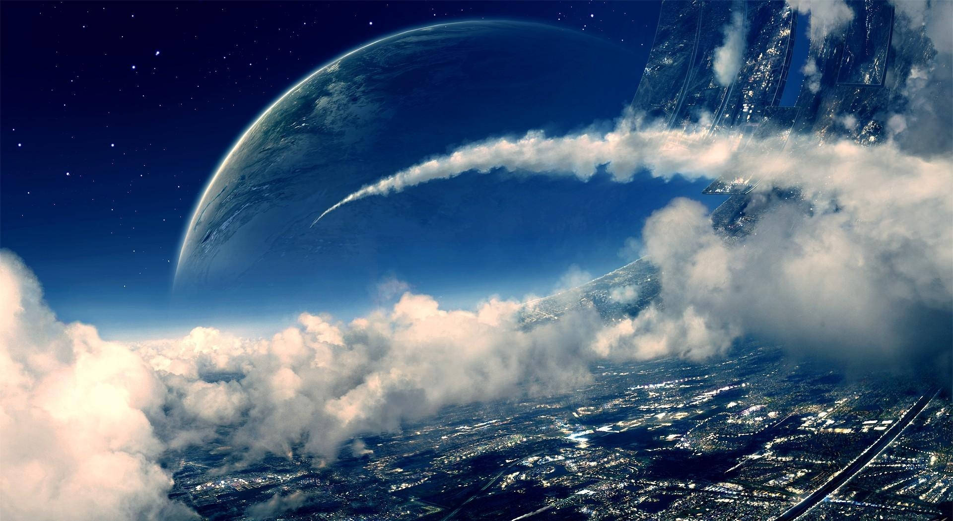 從上方看到的未來城市，有雲層和太空中的巨大行星。