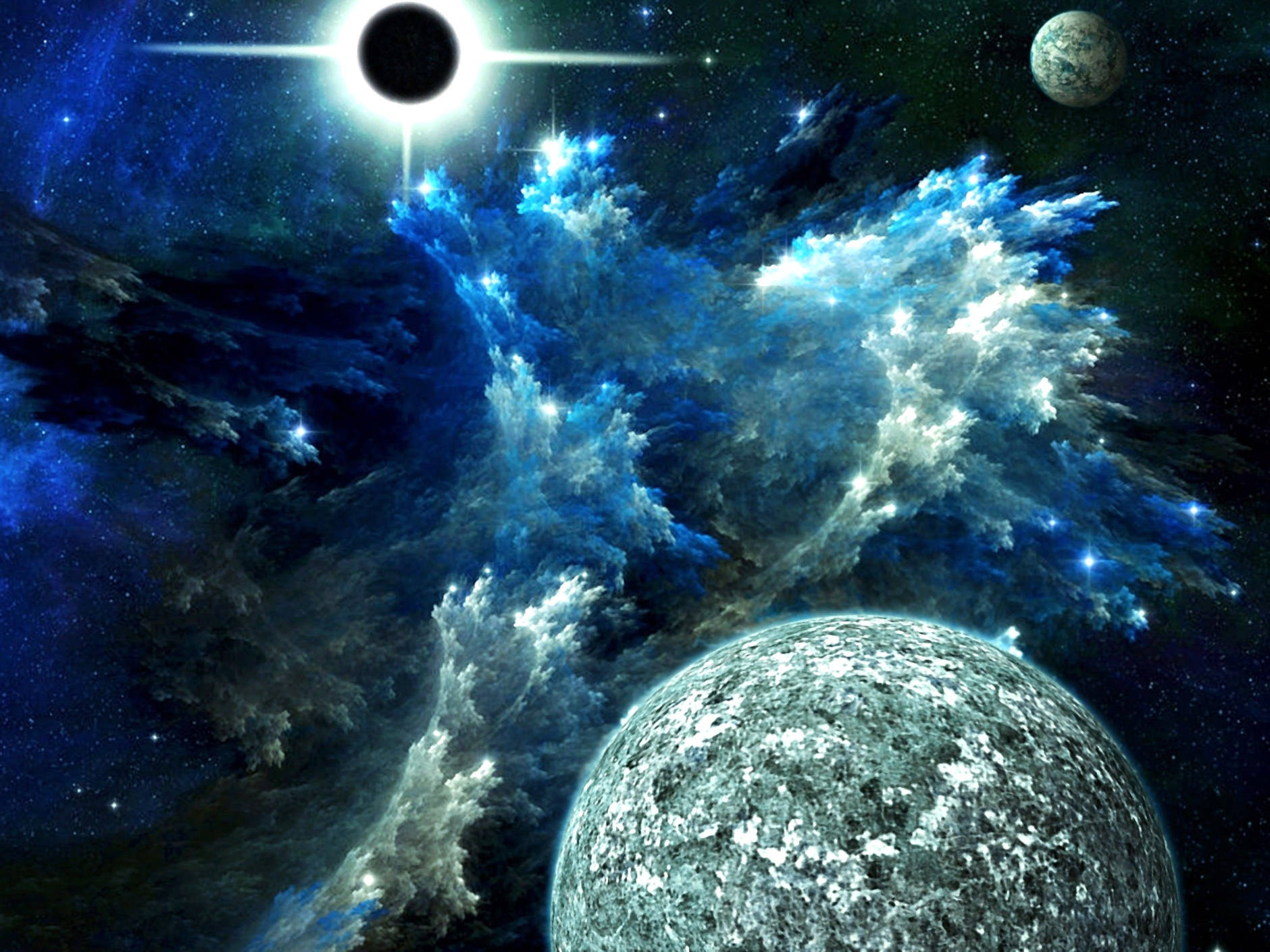 科幻藍色太空手機壁紙 壁紙 — 一個宇宙場景，發光的藍色星雲圍繞著一顆行星和一個帶有明亮吸積盤的黑洞旋轉。