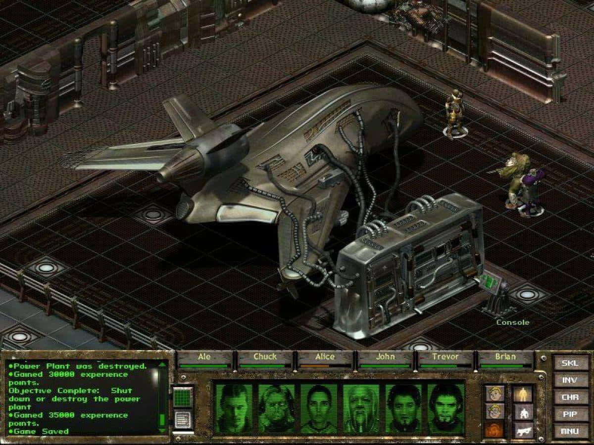 Fallout Brotherhood Of Steel 桌布 壁紙 — 科幻遊戲場景的等距視圖，金屬網格地板上有一艘受損的太空船，控制台附近有玩家角色。