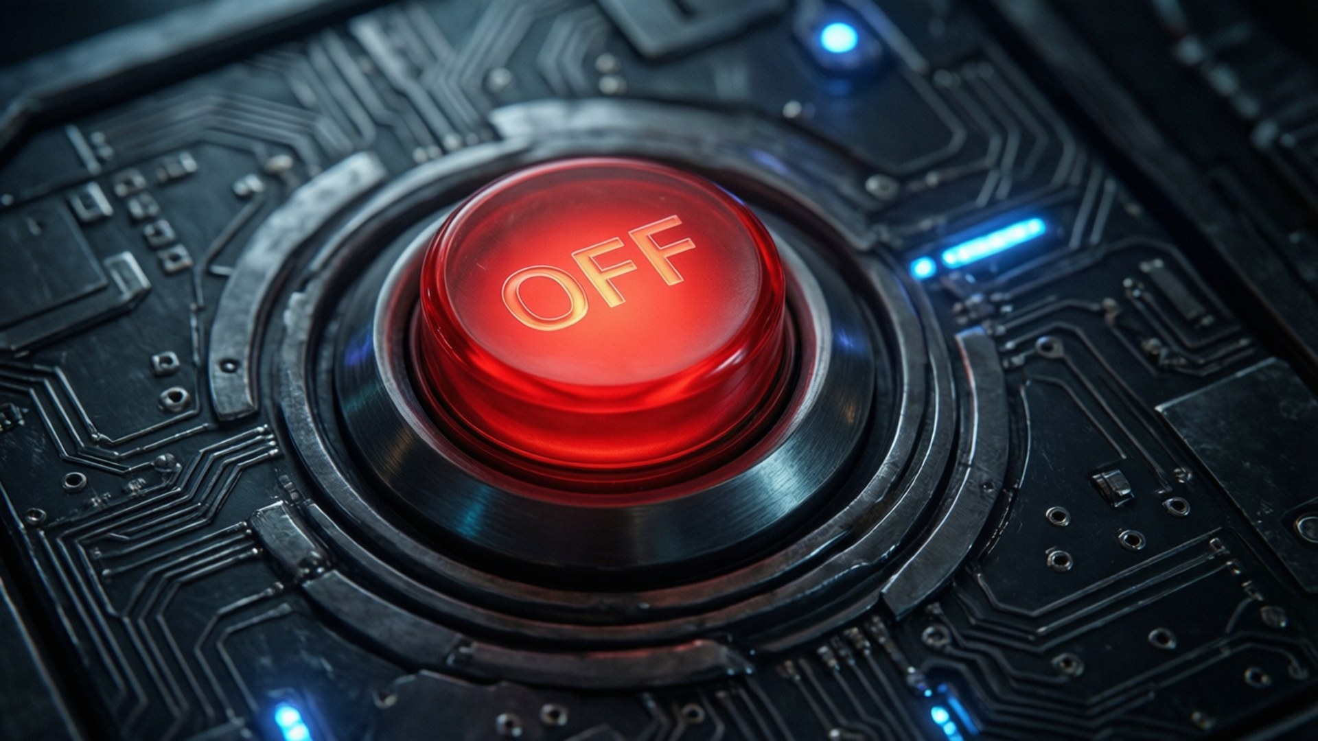 科幻關閉按鈕 壁紙 — 一個發光的紅色按鈕標有OFF，位於帶有藍色LED裝飾的深色電路板中央。