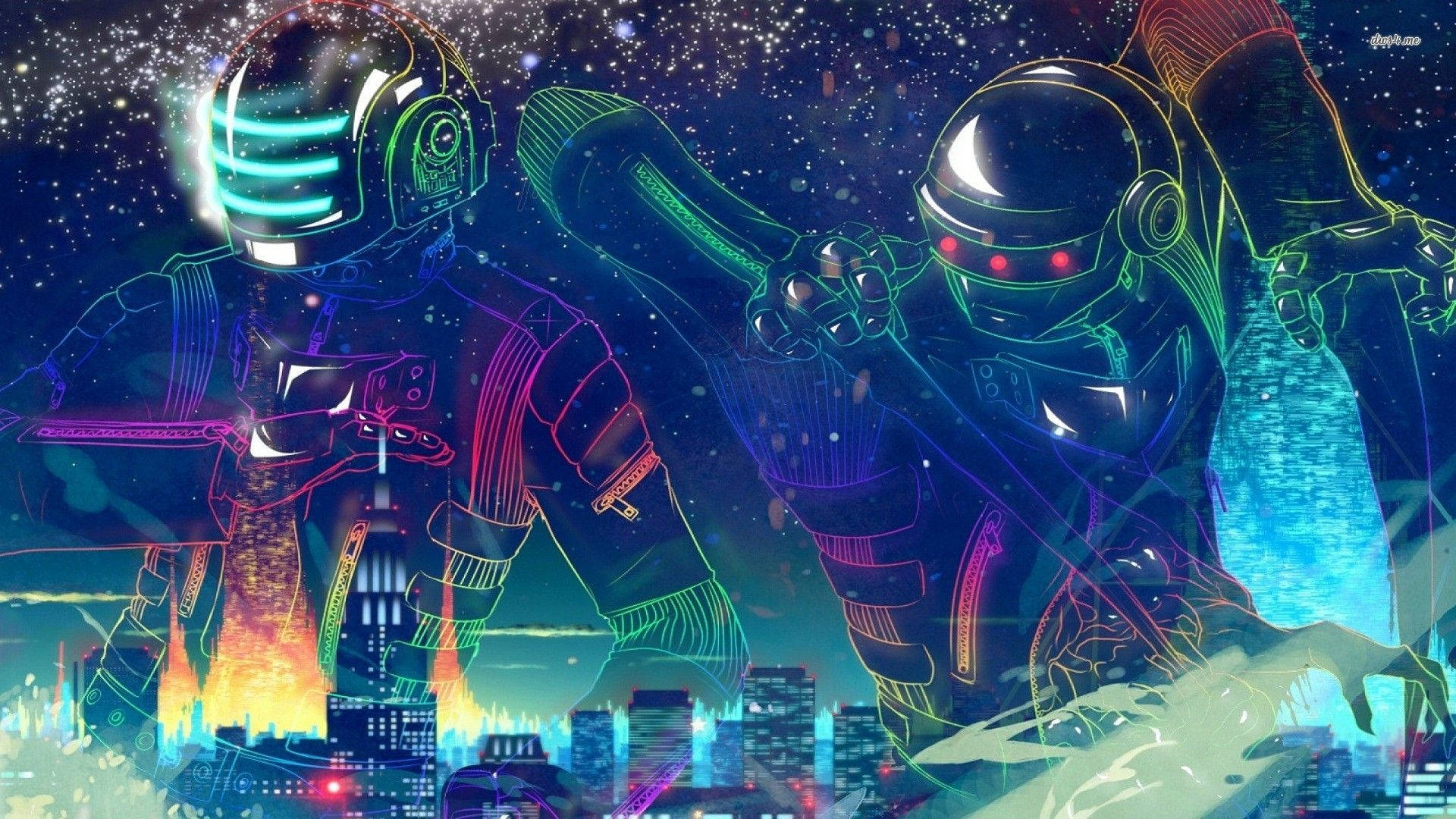 兩個戴著頭盔的發光機械人形，以夜間霓虹城市天際線為背景。