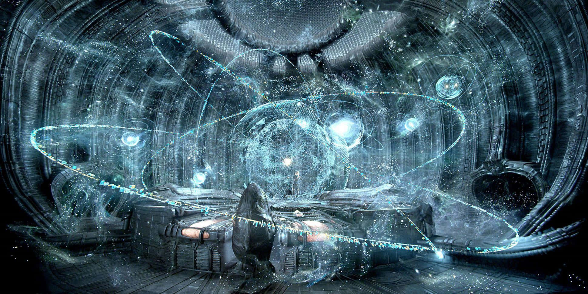 科幻電影《普羅米修斯》中的未來船艙全息影像 壁紙 — 一個孤獨的身影坐在未來風格的駕駛艙內，周圍是發光的藍色能量軌跡和漂浮的球體，位於金屬隧道中。