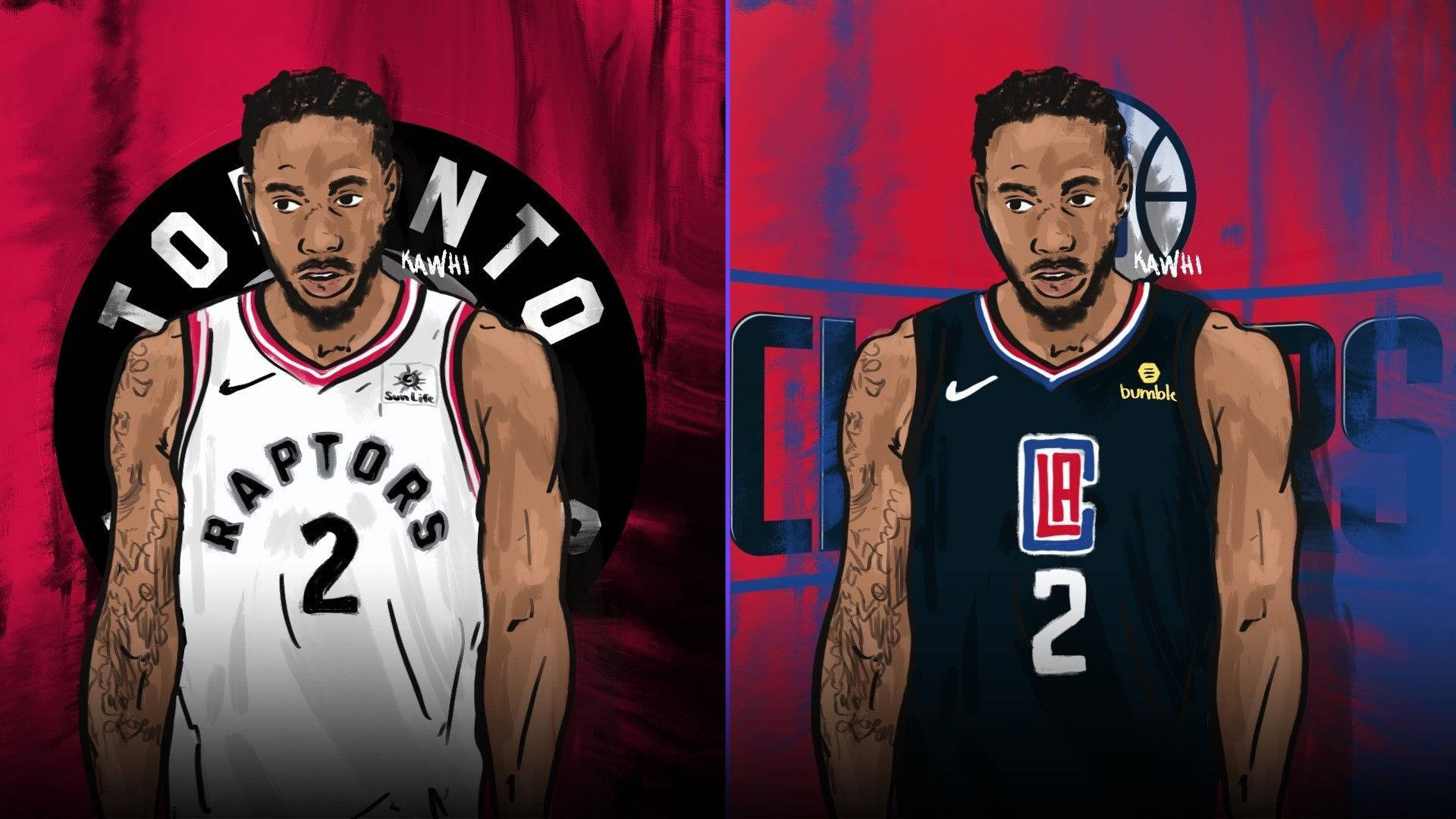 Kawhi Leonard 身穿多倫多速龍和洛杉磯快艇球衣的插圖並排展示。