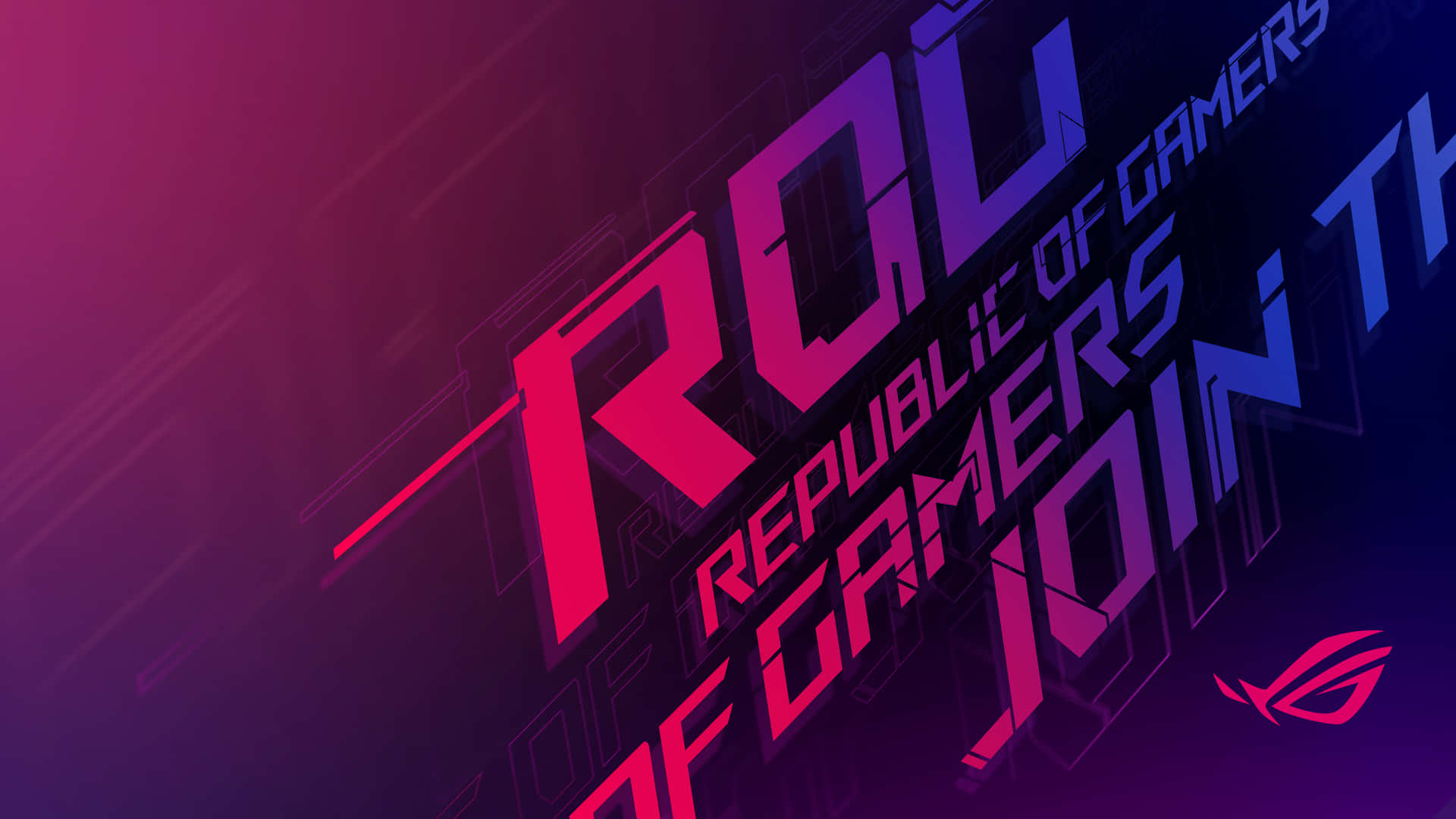 ROG Republic of Gamers 標誌，在深色漸變背景上帶有發光的洋紅色和藍色文字。