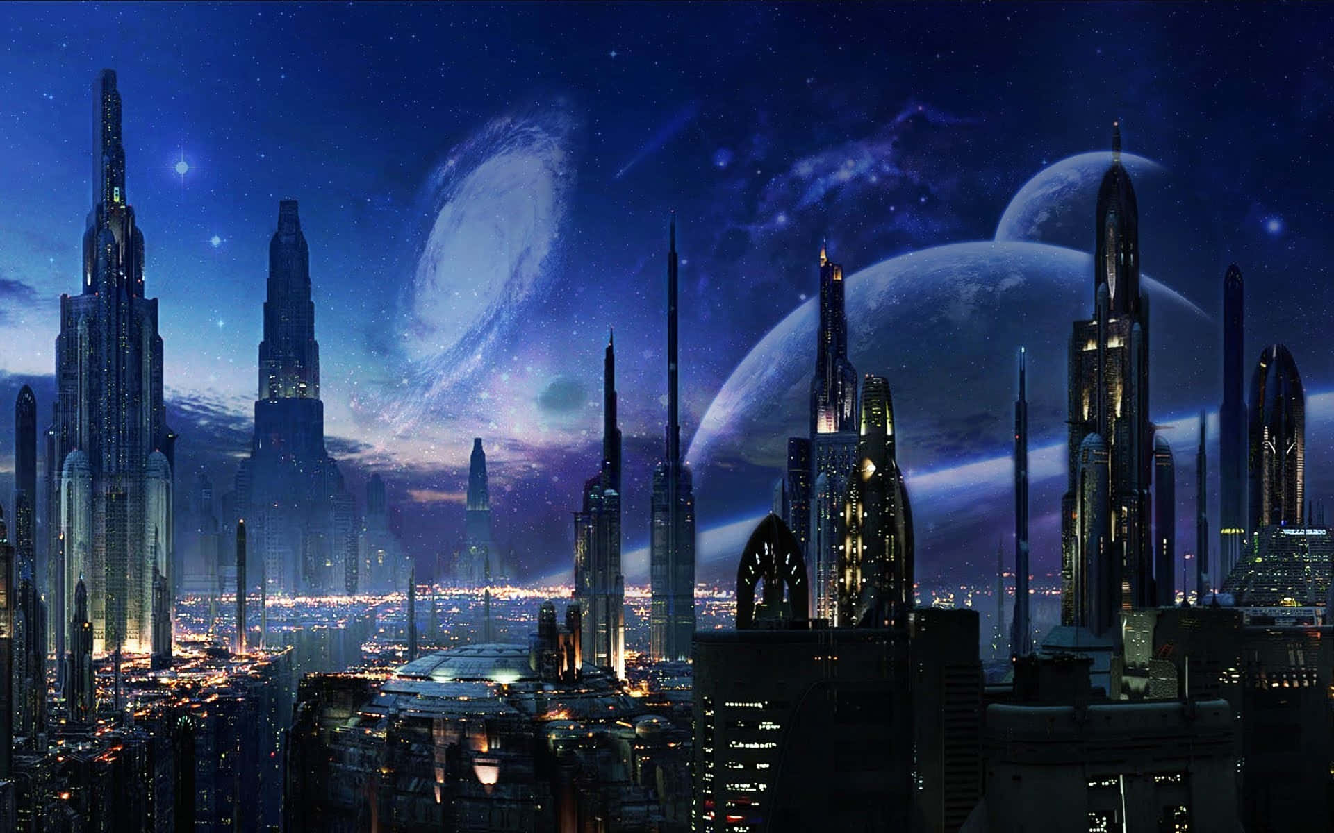 科技以光速演進 壁紙 — 未來主義的城市夜景，高聳的摩天大樓在星空下，星空中有銀河和兩個大月亮。