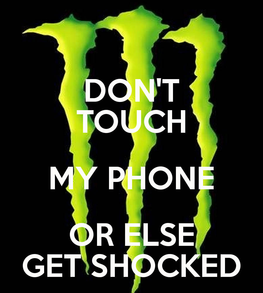綠色Monster Energy標誌，帶有警告不要觸摸手機或觸電的文字。