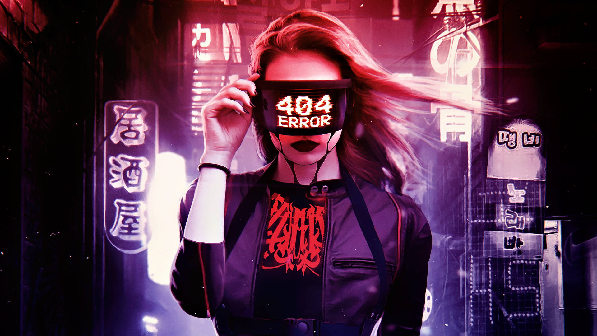 賽博朋克小巷中女性舉起404錯誤標誌遮住眼睛。