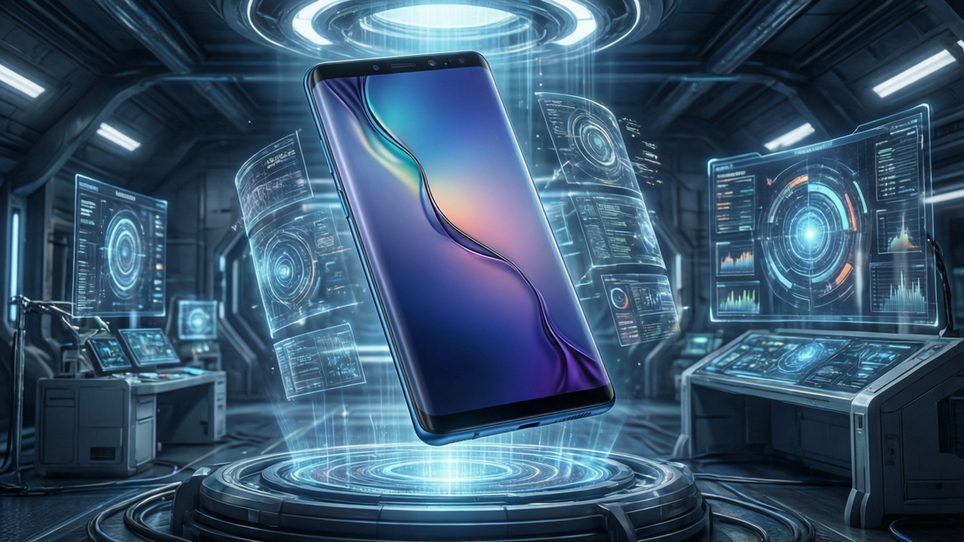 科幻風格壁紙，展示一臺懸浮於全息實驗室中的 Galaxy S10。