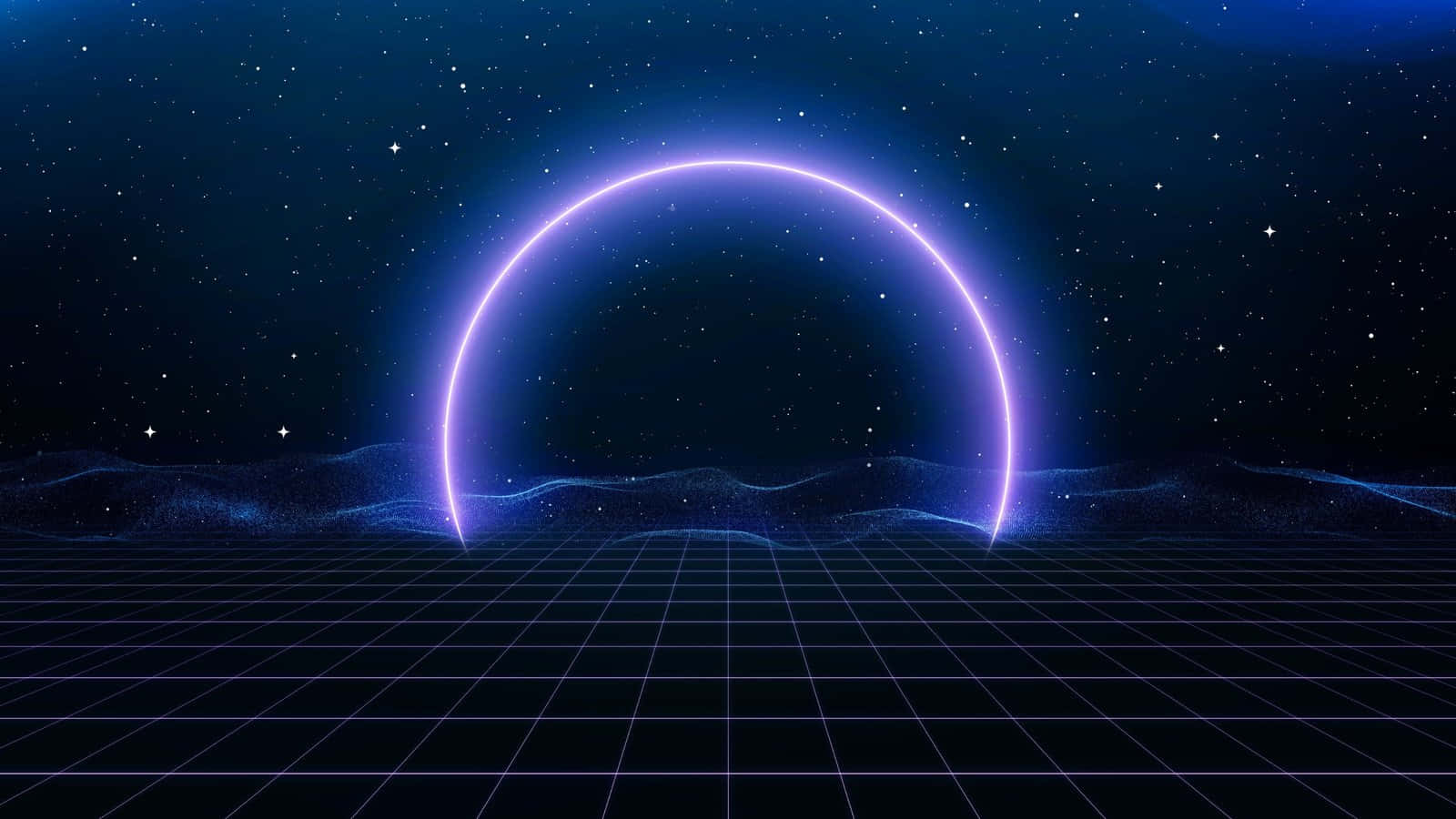 在星空數字景觀中，霓虹拱門在網格地板上發光