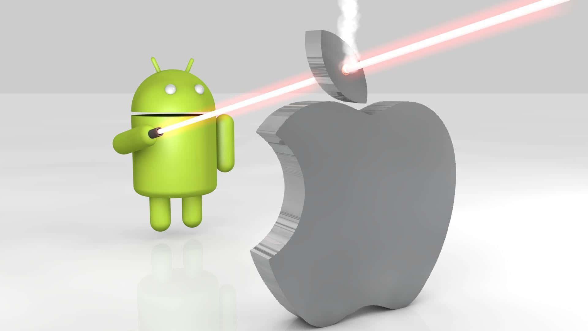 綠色Android機械人在白色工作室中向銀色Apple標誌發射激光。