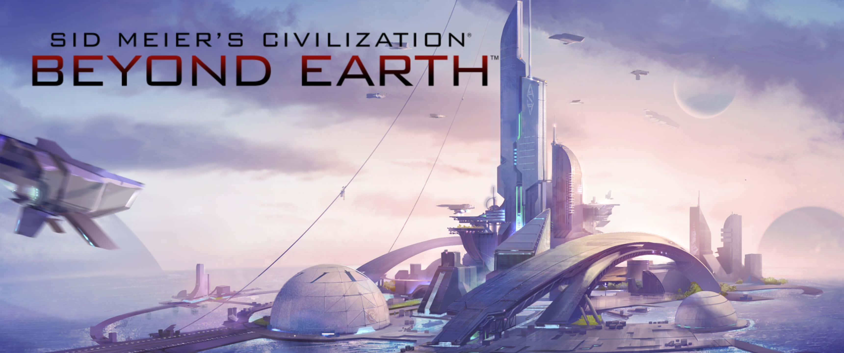 科技建築 3440x1440p《文明：地球以外》背景 壁紙 — 未來外星城市景觀，有高聳的尖塔、圓頂和飛船，在暮色天空下，有月亮。