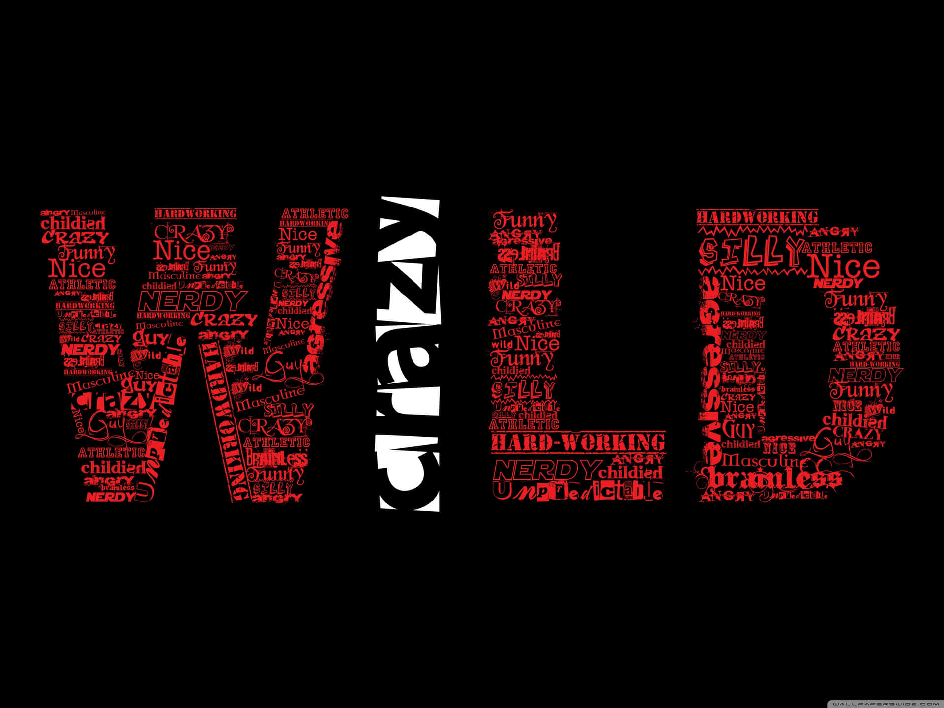 大膽的紅色和白色文字在黑色背景上拼出WILD，由個性詞語組成字母。