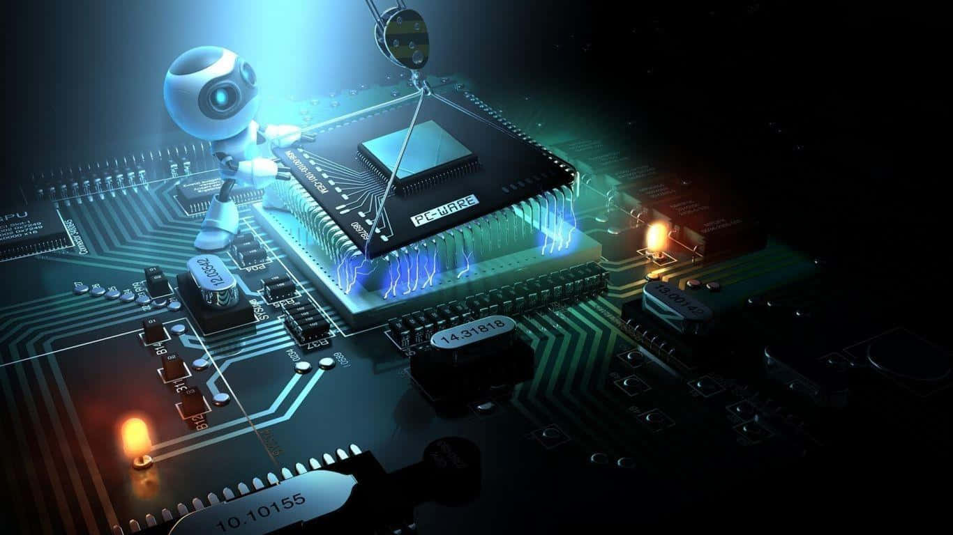 科技晶片 1366x768 監視器背景 壁紙 — 一塊發光藍色微芯片在電路板上，由一個小型機械人在霓虹燈下檢查。