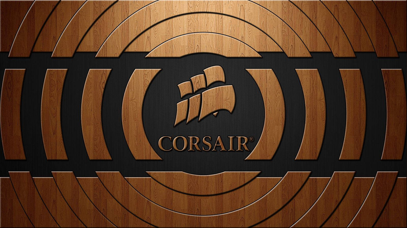 深色木質圓形背景上的 Corsair 標誌