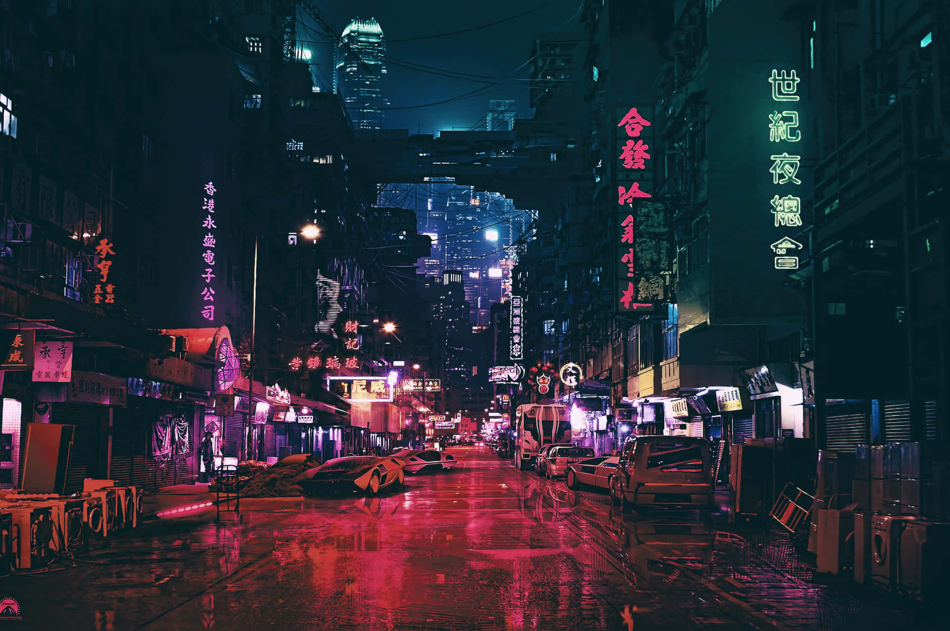 密集亞洲城市夜晚的雨中霓虹小巷，帶有發光標誌和濕漉漉的路面倒影。