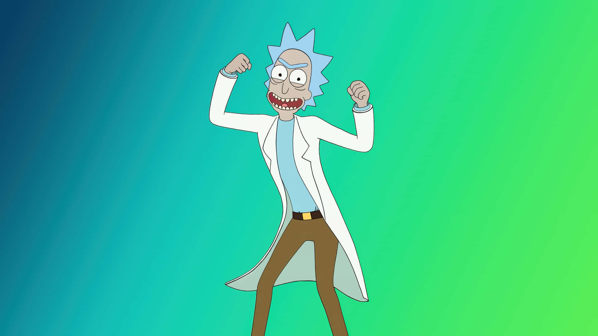 《Rick and Morty》中的Rick Sanchez在漸變背景前咧嘴笑著展示肌肉。