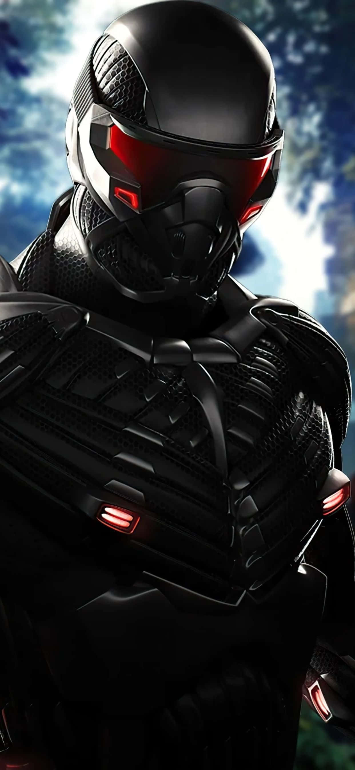 科技與戰爭在新 Crysis Warhead 體驗中完美結合 壁紙 — 一個未來風格的黑色裝甲戰士，擁有發光的紅色眼睛和胸部燈光，站在暴風雨的天空下。