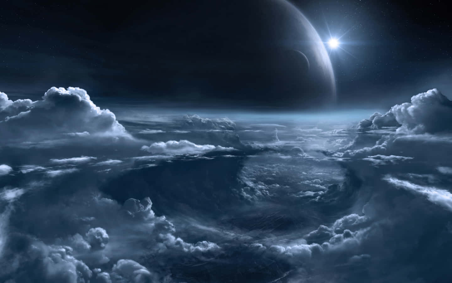 雲在發光的星星和一顆大行星下翻騰於太空。