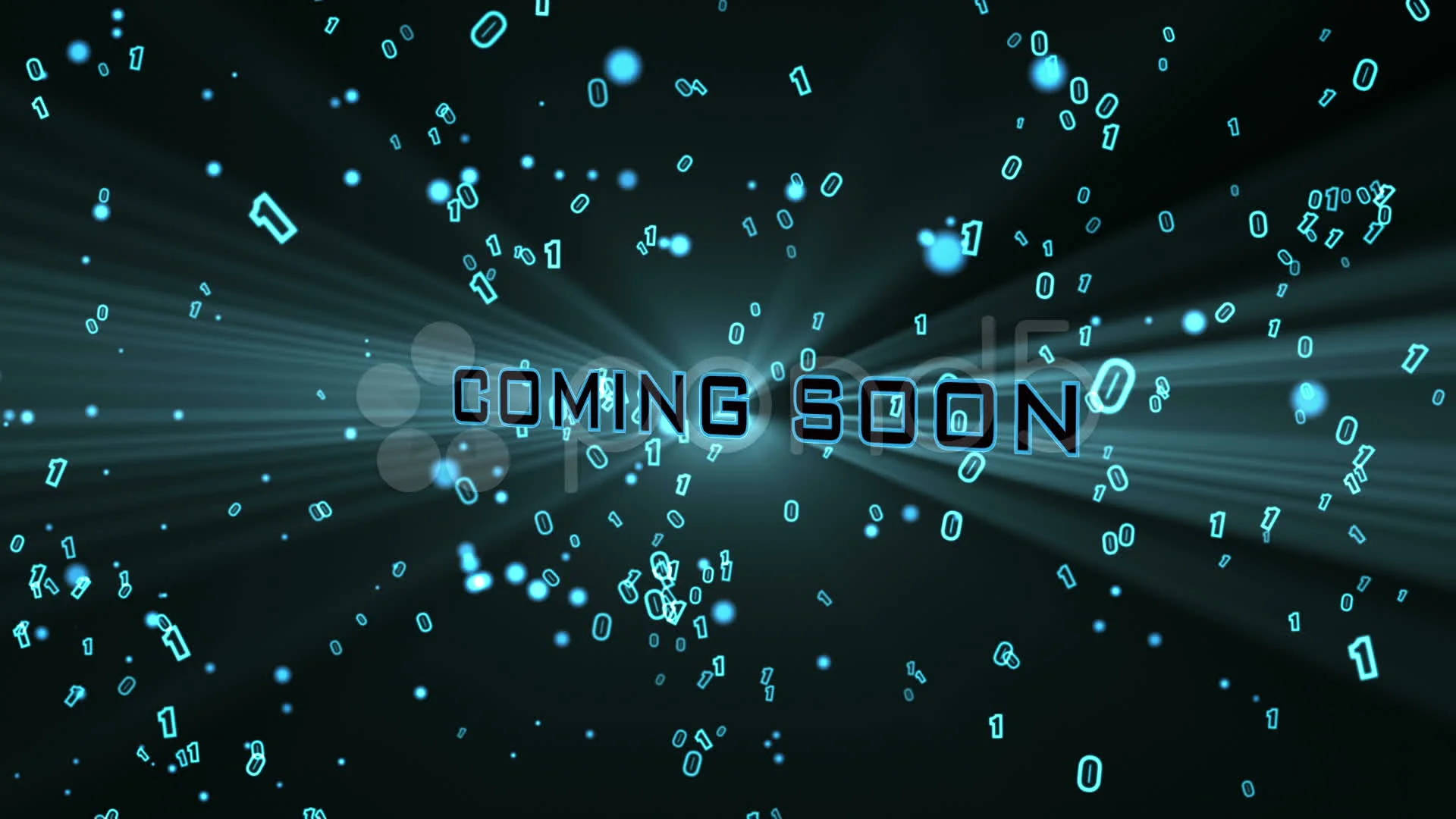 在深色背景上，發出青色光芒的二進制代碼粒子圍繞著「COMING SOON」文字。