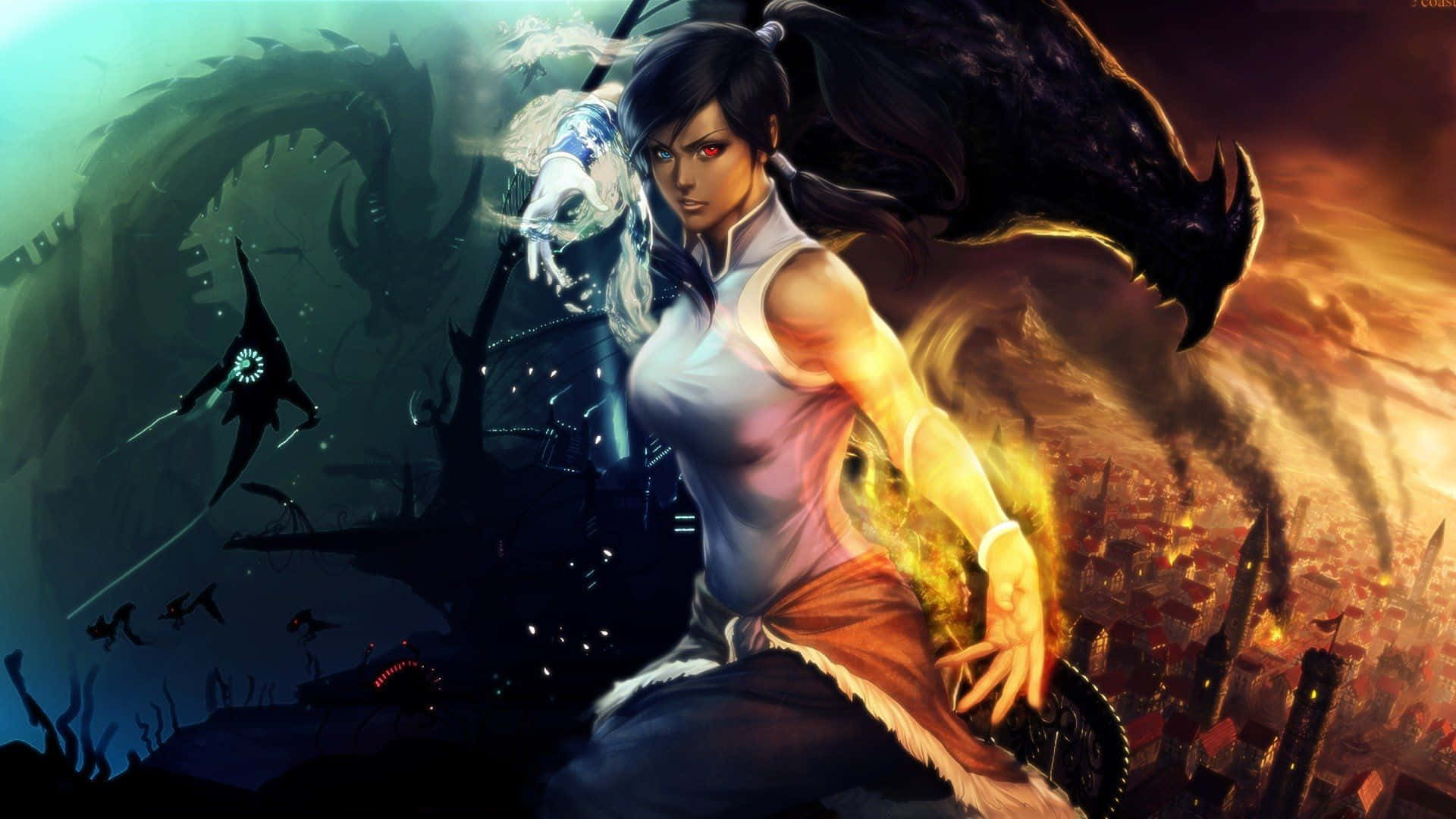 科拉與她的風之武者迎戰大戰 壁紙 — 一位眼神發光、擁有雙重元素力量的兇猛女戰士，在燃燒的城市和一頭巨龍的背景下蓄勢待發。