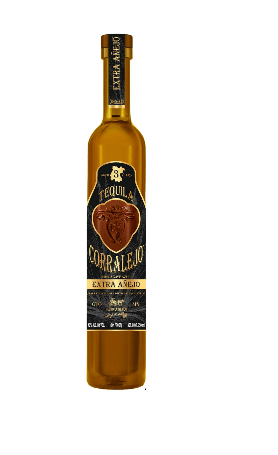 一瓶 Corralejo Extra Añejo 龍舌蘭酒，帶有公牛標誌和深色標籤。