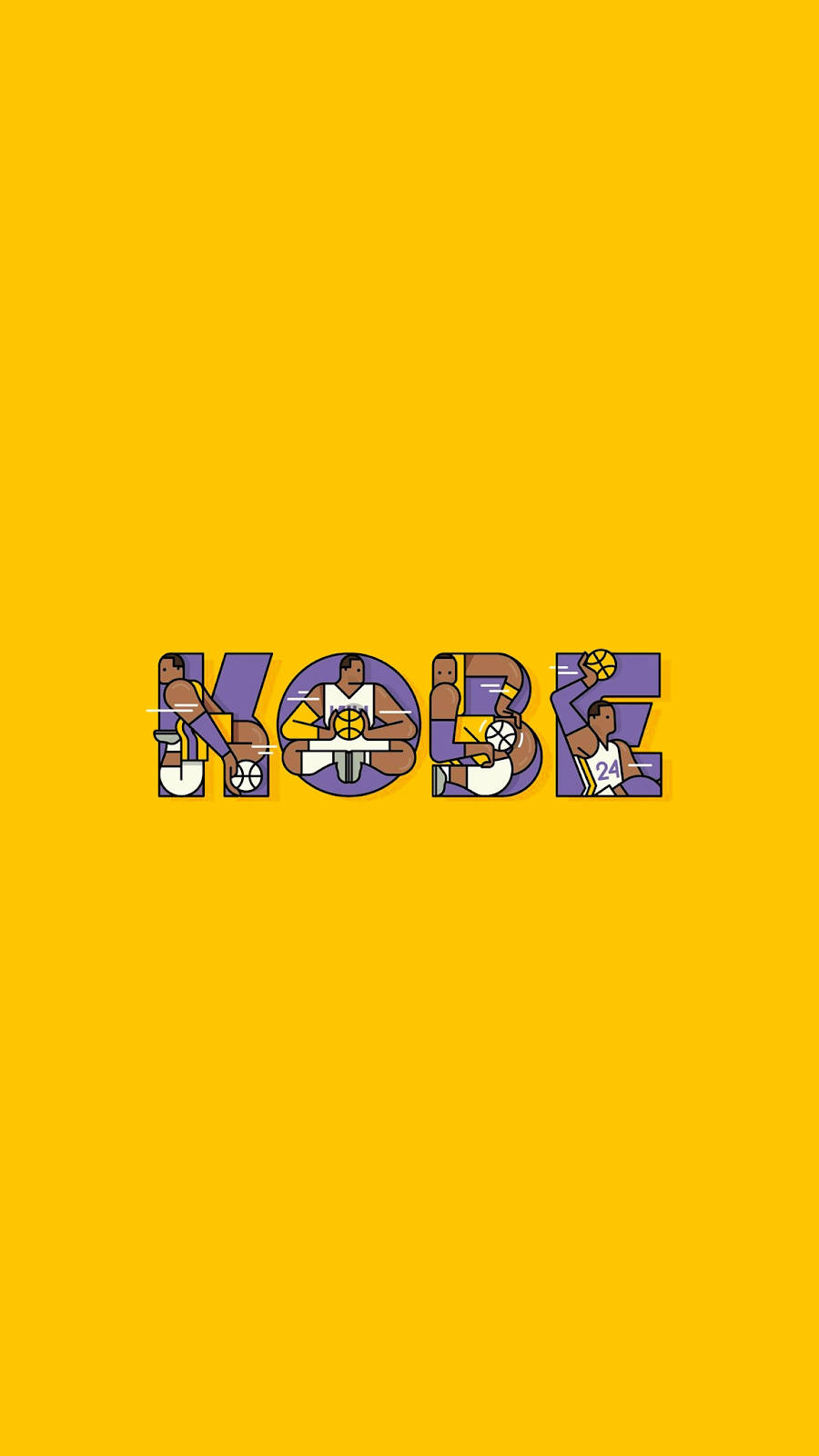 插圖文字藝術，在黃色背景上每個字母內包含籃球場景，拼出KOBE。