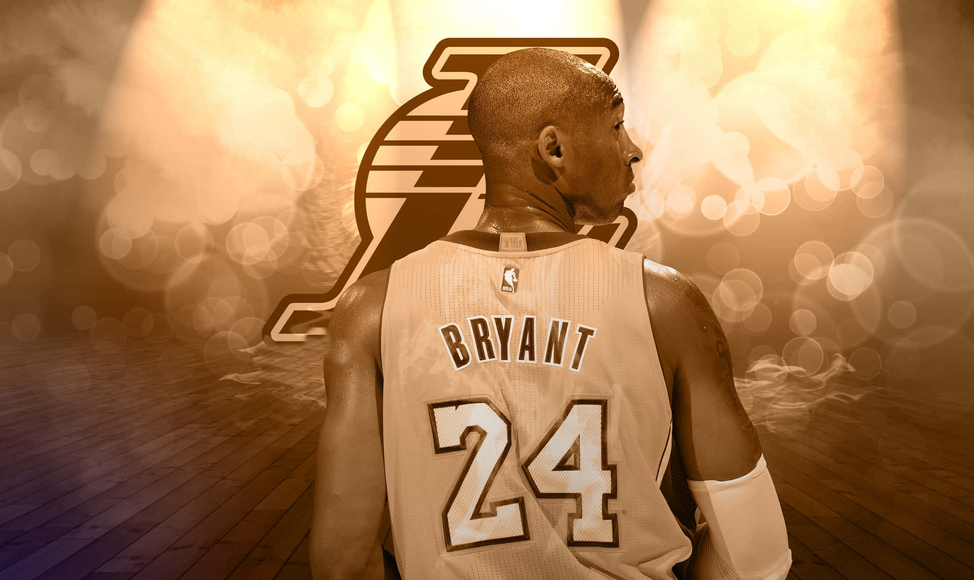 身穿Bryant 24球衣的籃球運動員在木地板上，帶有湖人隊標誌。