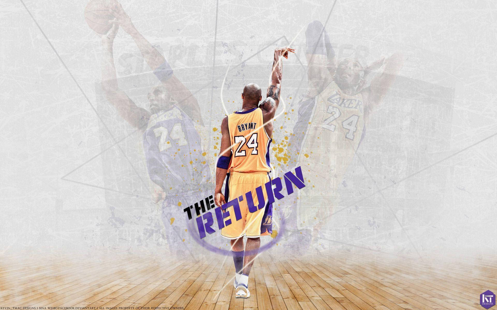 身穿湖人隊球衣的籃球運動員走向籃框，帶有 'The Return' 文字。 — 科比· Bryant 壁紙