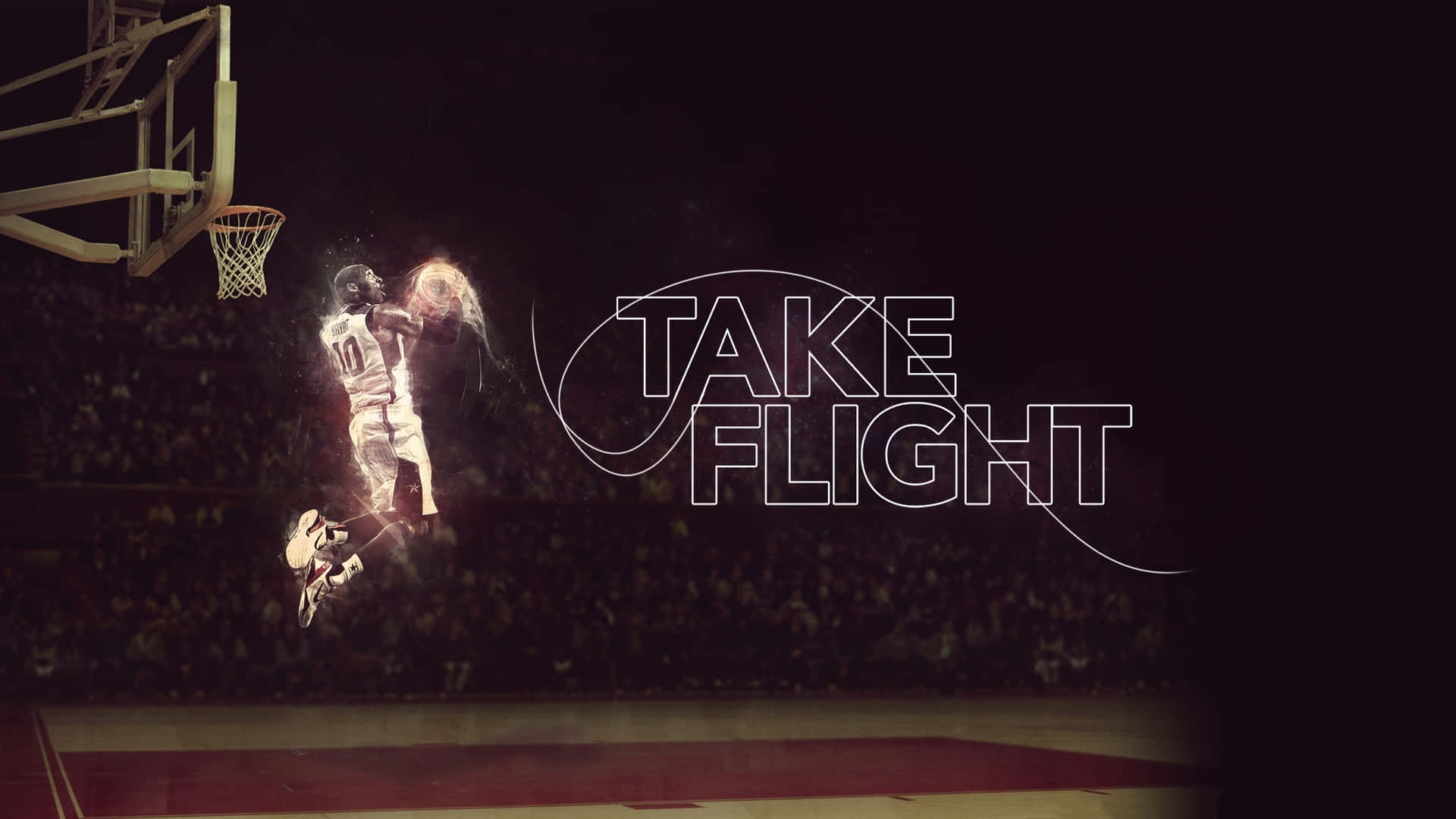 籃球運動員在球場燈光下飛身入樽，旁邊有「TAKE FLIGHT」文字。