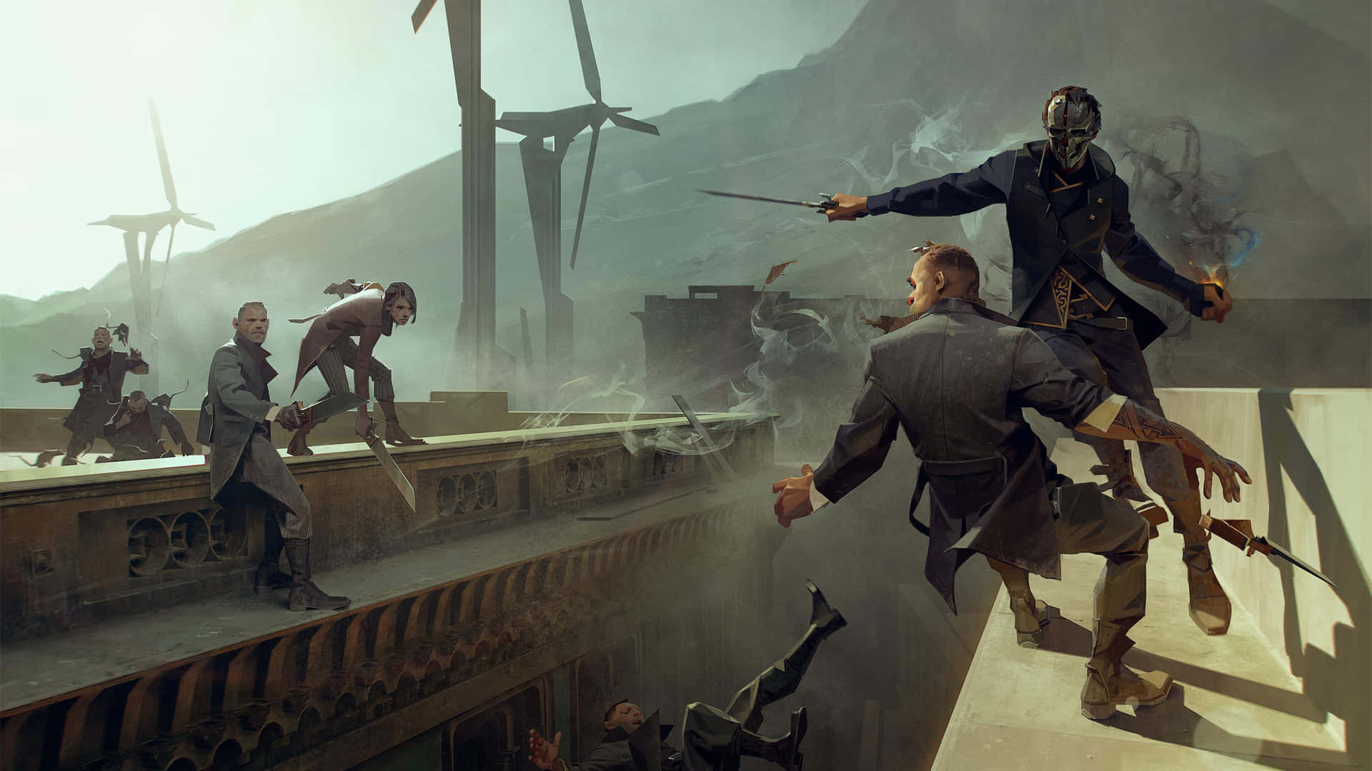 科沃·阿塔諾戰鬥敵人最佳《Dishonored 2》背景 壁紙 — 一場戲劇性的數碼戰鬥在 crumbling 屋頂上展開，蒙面戰士們以劍交鋒，背景是風力渦輪機和霧氣繚繞的山脈。