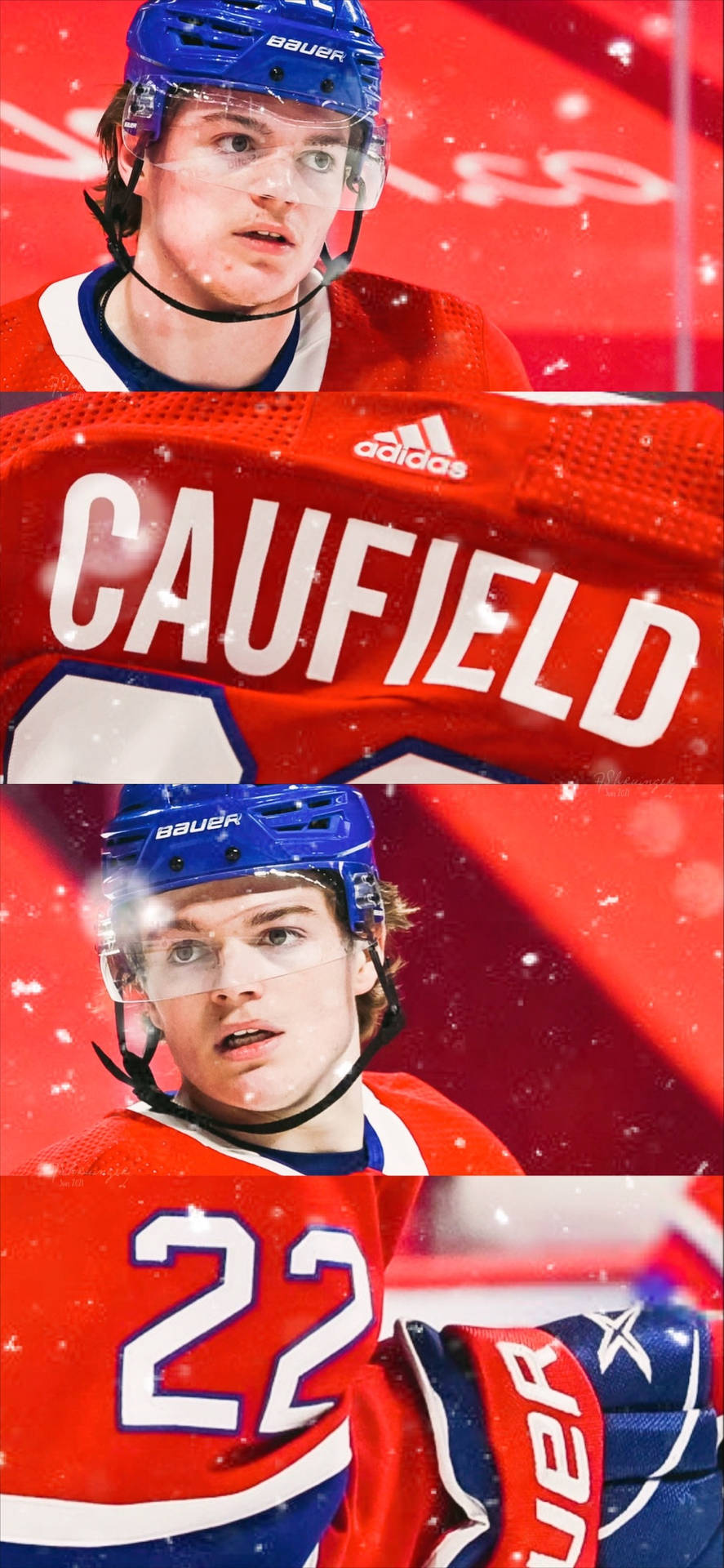 科爾·考菲爾德冰球運動員細節拼貼 壁紙 — 冰球運動員Caufield身穿紅色球衣，雪花飄落在鮮紅色背景上的特寫。