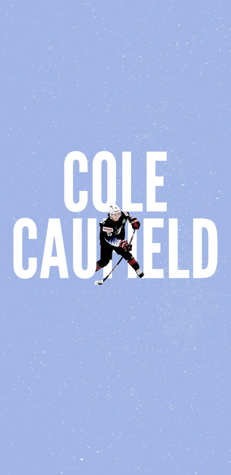 科爾·考菲爾德運動員姓名藝術 壁紙 — 冰球運動員 Cole Caufield 在雪藍色背景上以粗體白色文字顯示其名字的動作畫面。