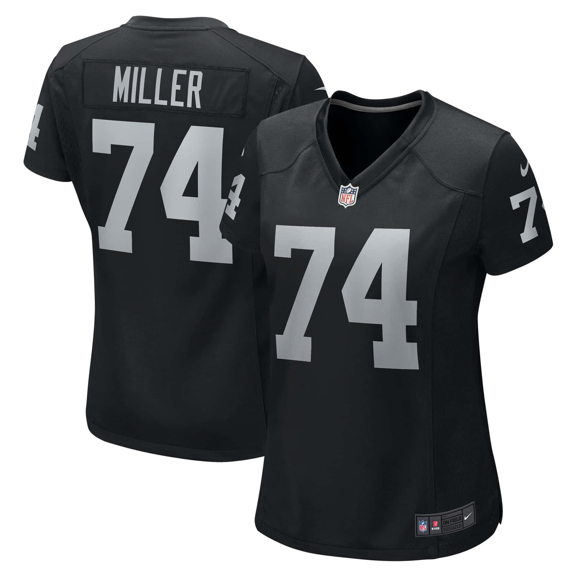黑色NFL美式足球球衣，帶有銀色74號碼和名字Miller。