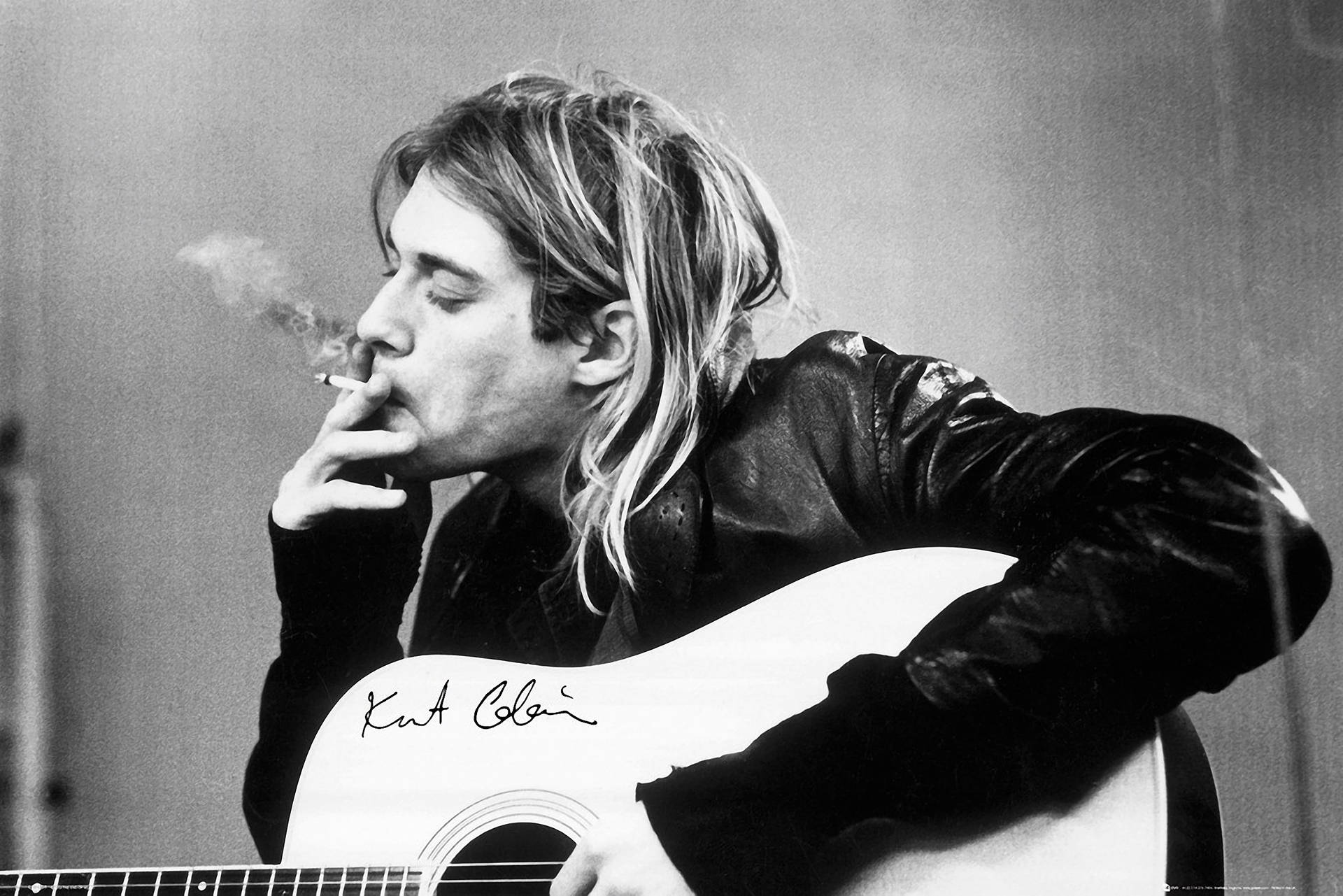 Kurt Cobain 吸煙 手持白色木結他