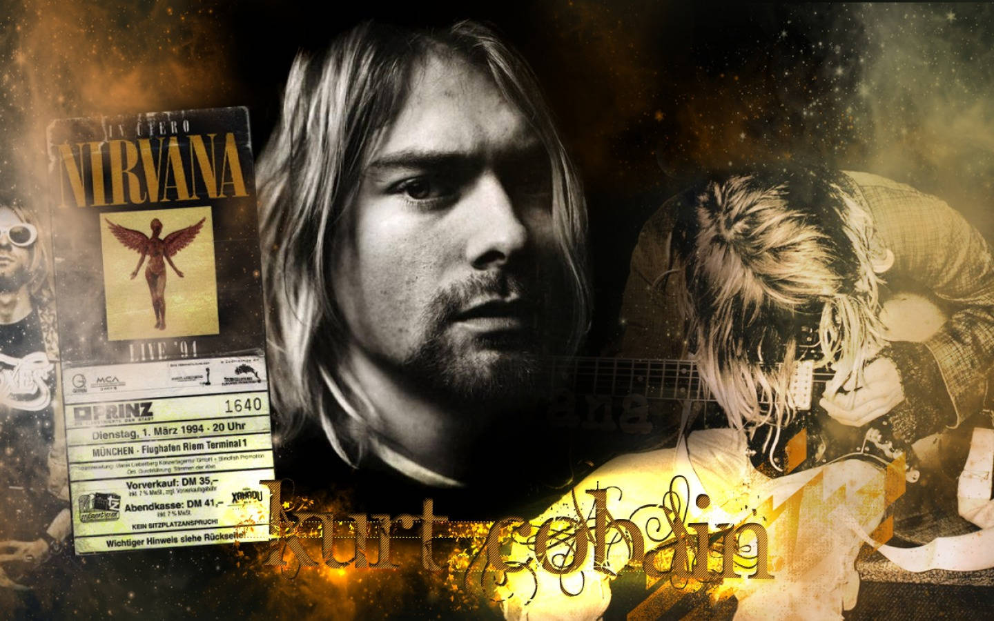 Kurt Cobain 演唱會海報拼貼畫，附門票和結他表演。