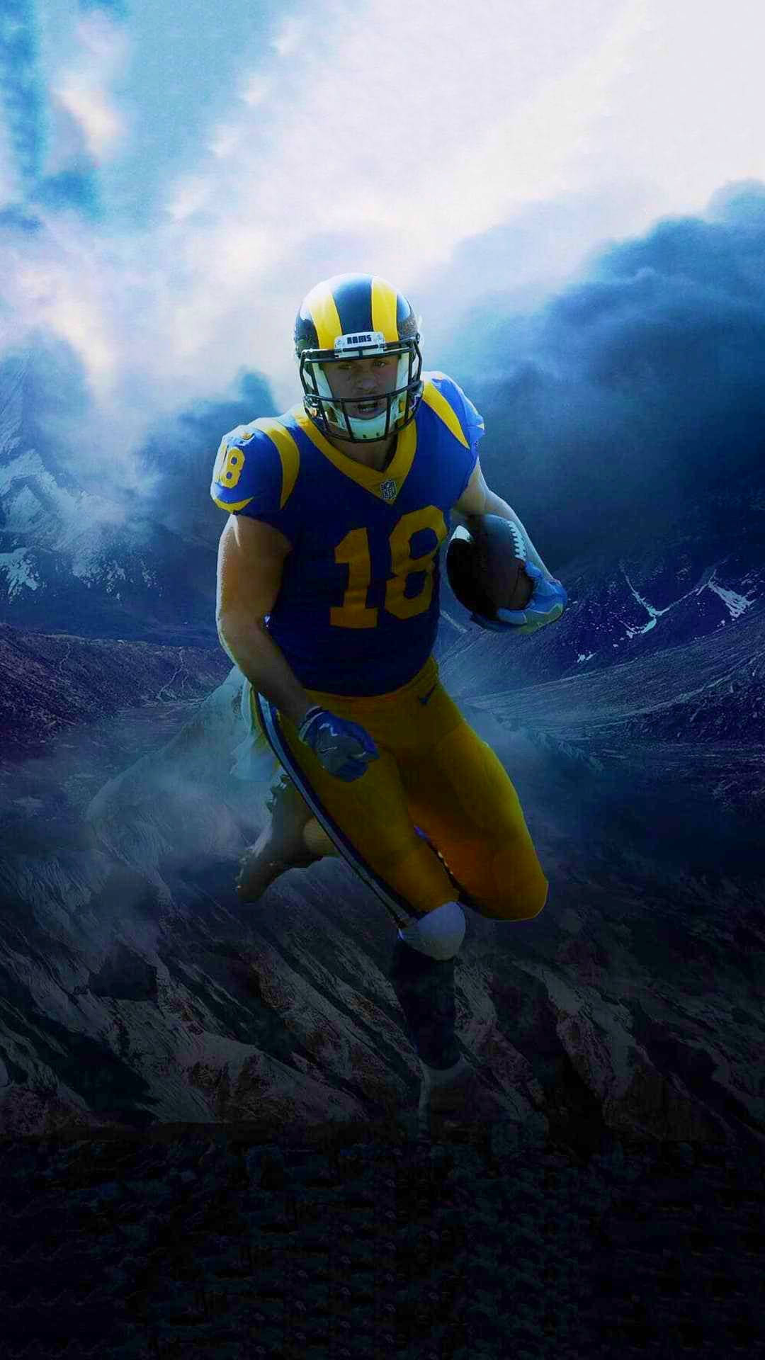 科珀·庫普 NFL 洛杉磯拉姆斯隊數位海報藝術 壁紙 — 一名身穿藍色和金色球衣的足球運動員在風暴山區山谷中動態奔跑，背景有戲劇性的雲層。