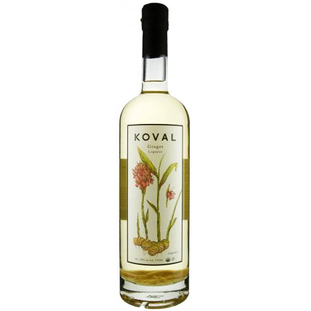 帶有植物標籤的Koval薑味利口酒瓶