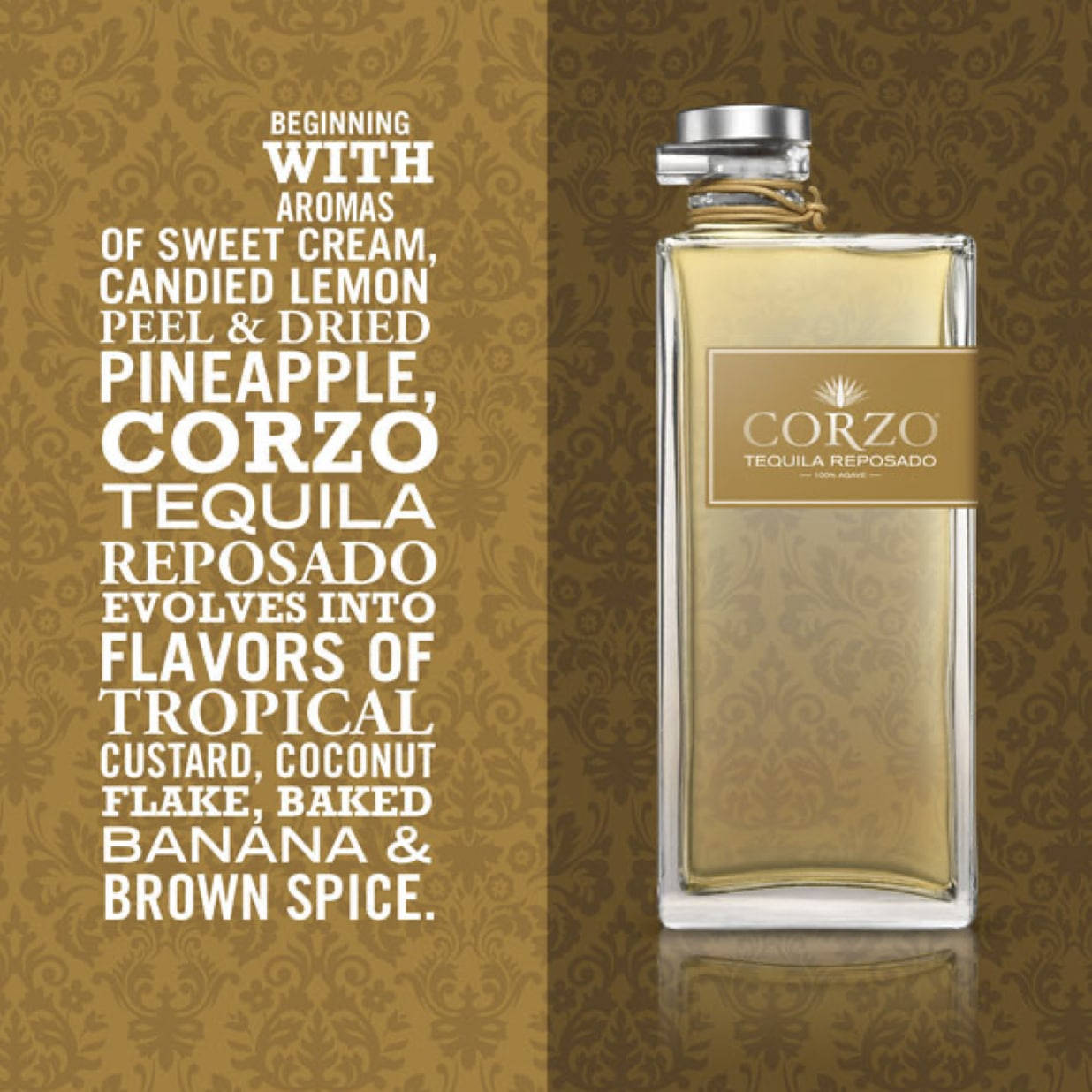 一個 Corzo Tequila Reposado 酒瓶，在金色圖案背景上有風味描述文字。