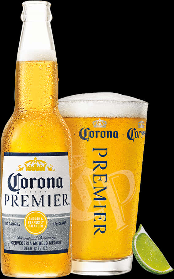科羅娜優質啤酒與酒杯 壁紙 — 冰凍的Corona Premier啤酒瓶和玻璃杯，配以青檸角，黑色背景。
