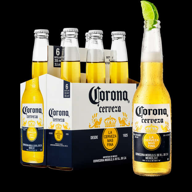 科羅娜啤酒瓶與青檸 壁紙 — 六罐裝Corona啤酒，其中一瓶以青檸裝飾，黑色背景。