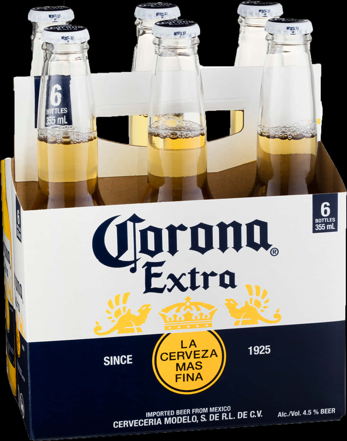 科羅娜特級啤酒六瓶裝 壁紙 — 六罐Corona Extra啤酒，金色液體，白色瓶蓋，黑色背景。