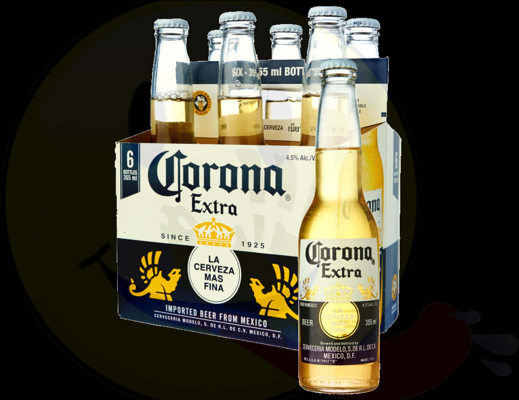 科羅娜特級啤酒六罐裝 壁紙 — 一組六罐的Corona Extra啤酒，其中一瓶放在前面，背景為深色圓形。