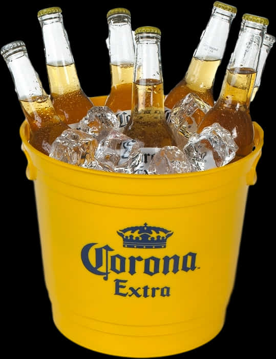 科羅娜特級啤酒冰桶 壁紙 — 一個亮黃色的Corona Extra桶，裝滿冰塊和冰凍啤酒瓶，背景為黑色。