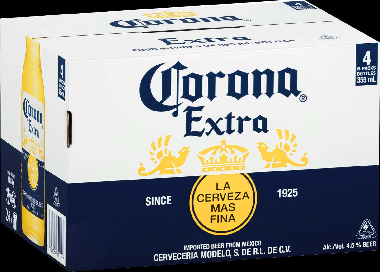 科羅娜特級啤酒包裝 壁紙 — 一個白色和藍色的Corona Extra啤酒箱，內有24瓶，帶有品牌標誌和'La Cerveza Mas Fina'標語。