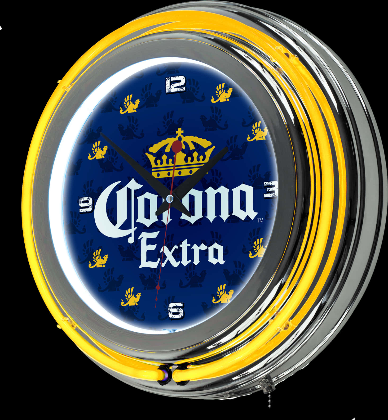 科羅娜特級啤酒品牌牆鐘 壁紙 — 發光的Corona Extra霓虹時鐘，帶有鉻框和黃色光環，背景為黑色。